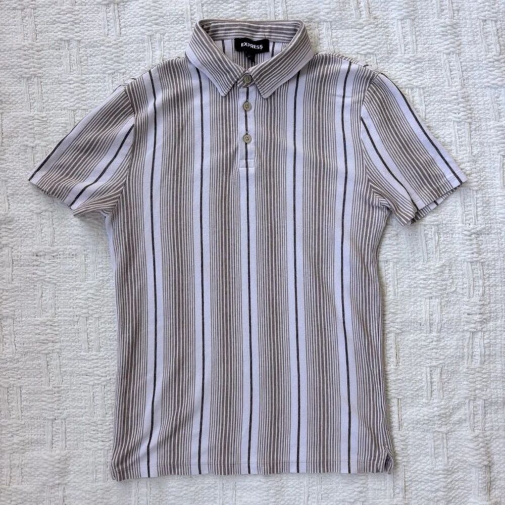 Express Mens XS Vertical Striped Polo Shirt Brown Beige White Cotton Preppy